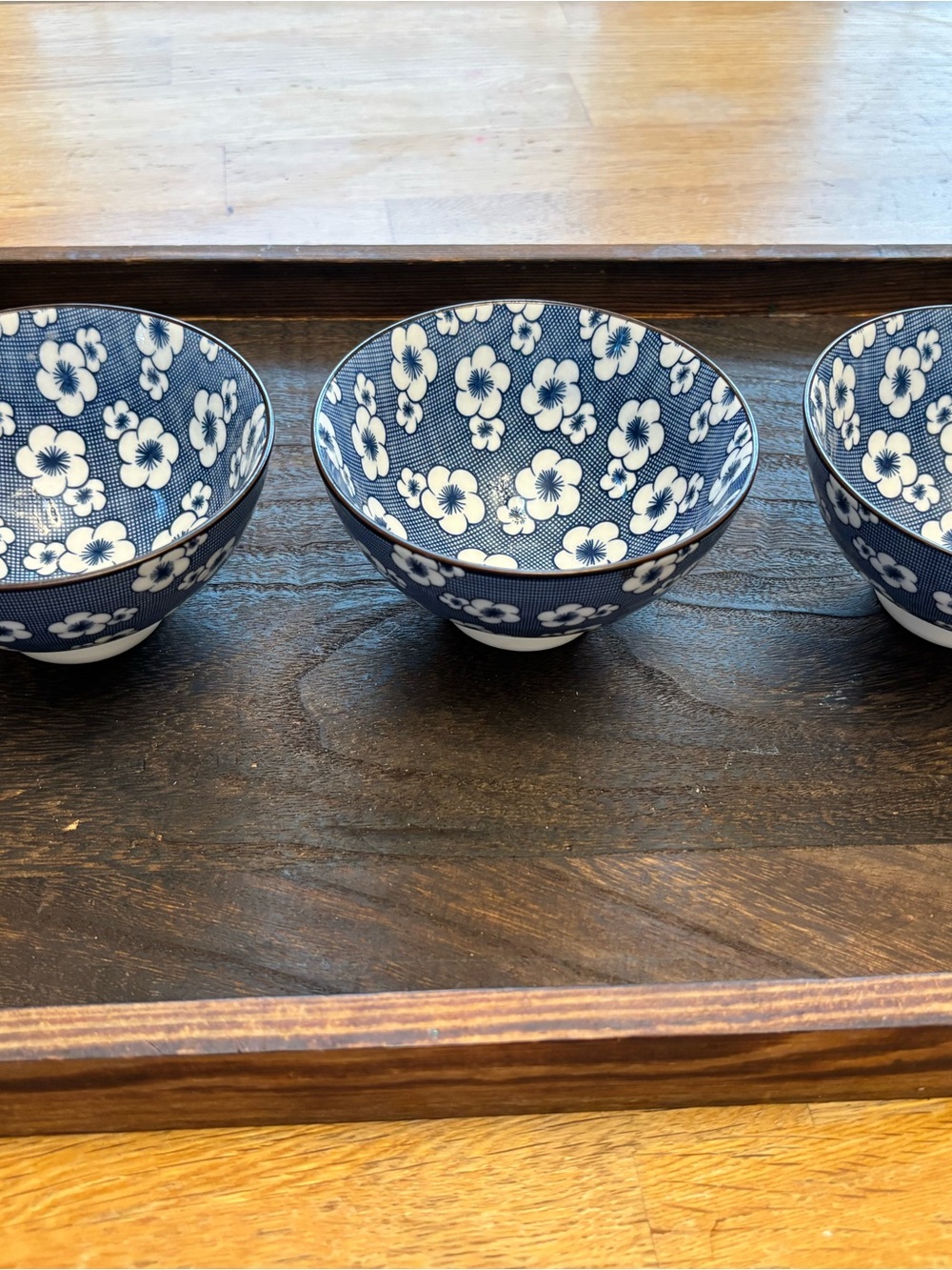 Blue Floral Ceramic Rice Bowls - Set of 3